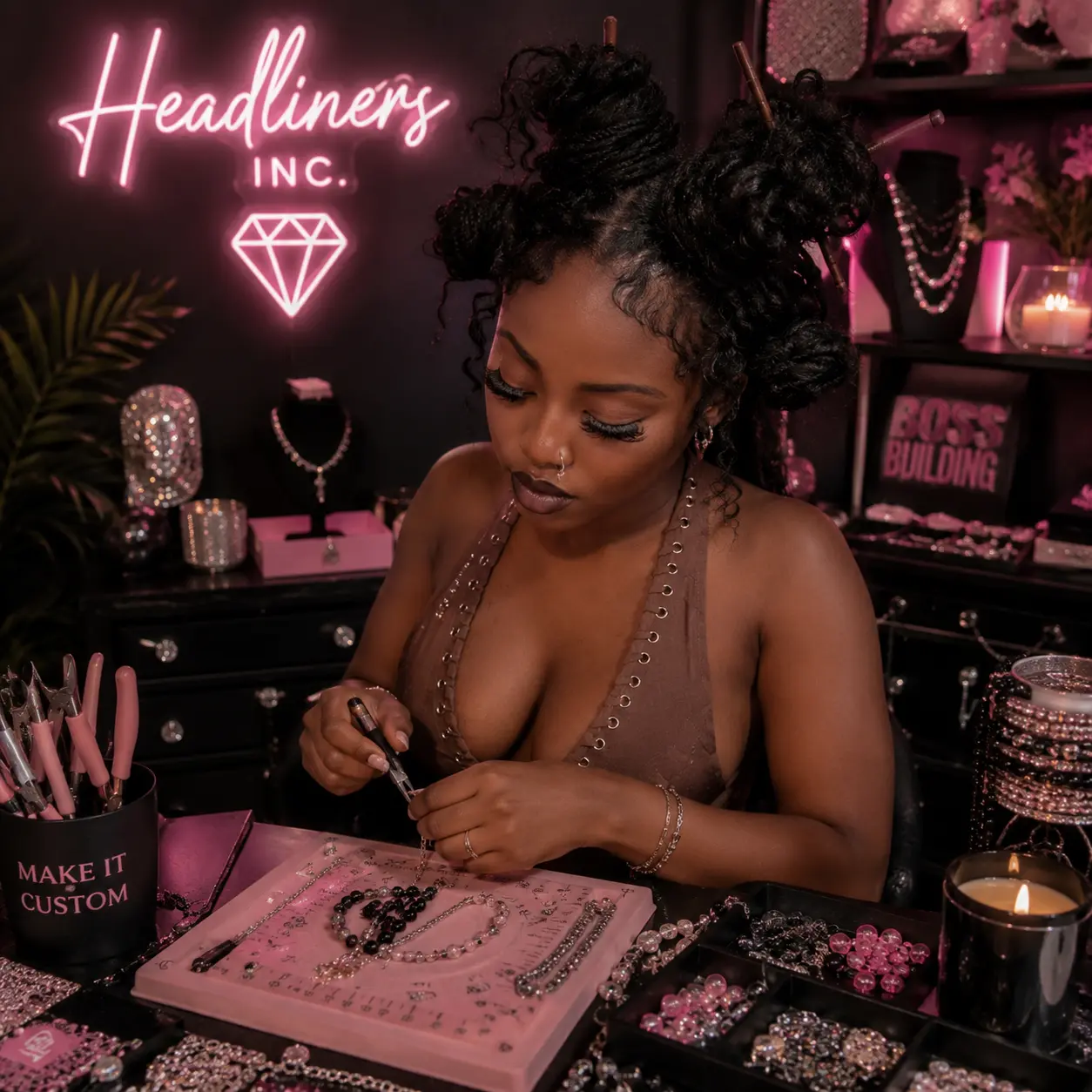 Inside the Headliners Inc. studio — handmade jewelry under the neon sign